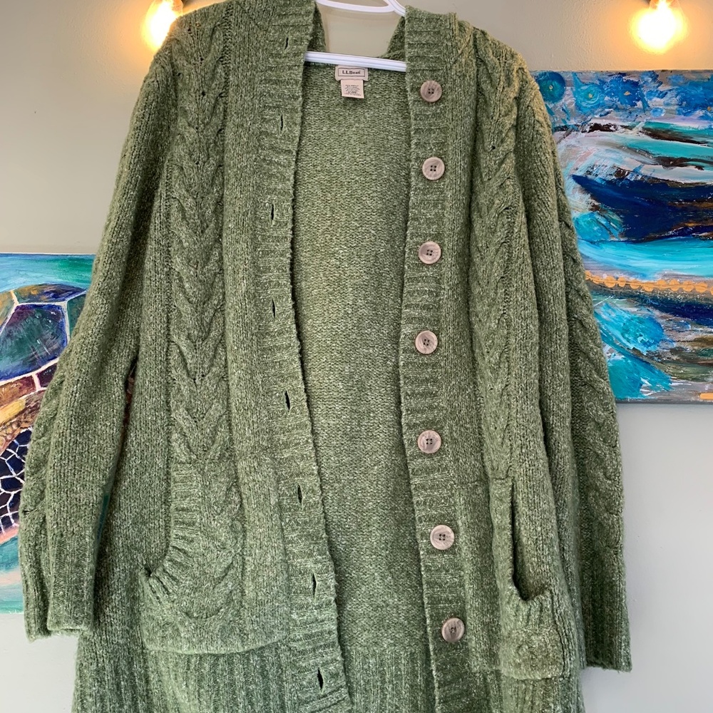 LL Bean Swift River Cableknit Long Hooded Sweater
